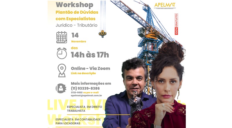 APELMAT promove encontro gratuito sobre Direito do Trabalho e Contabilidade no Setor Rental. Com Vanessa Aboud e Paulo Henrique Souza