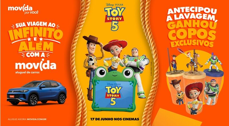 Movida lança ação inspirada em Toy Story 5 e oferece copos colecionáveis aos clientes. Ação promocional acontece entre julho e agosto, leva ambientação temática às lojas e reforça a estratégia da locadora de investir em experiências para os clientes.